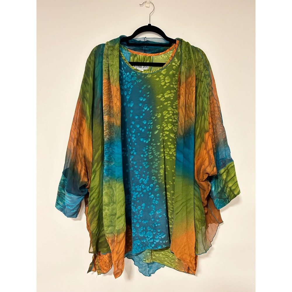 Paul Sisti Handpainted 100% Silk 2pc Set Tunic Kimono Green Teal Orange Size 1